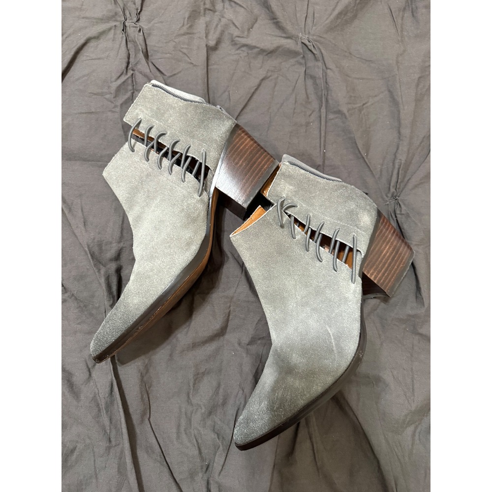 Linea Paolo Suede Pointed Toe Ankle Boots Gray Lace Up Stacked Block Heel Bootie